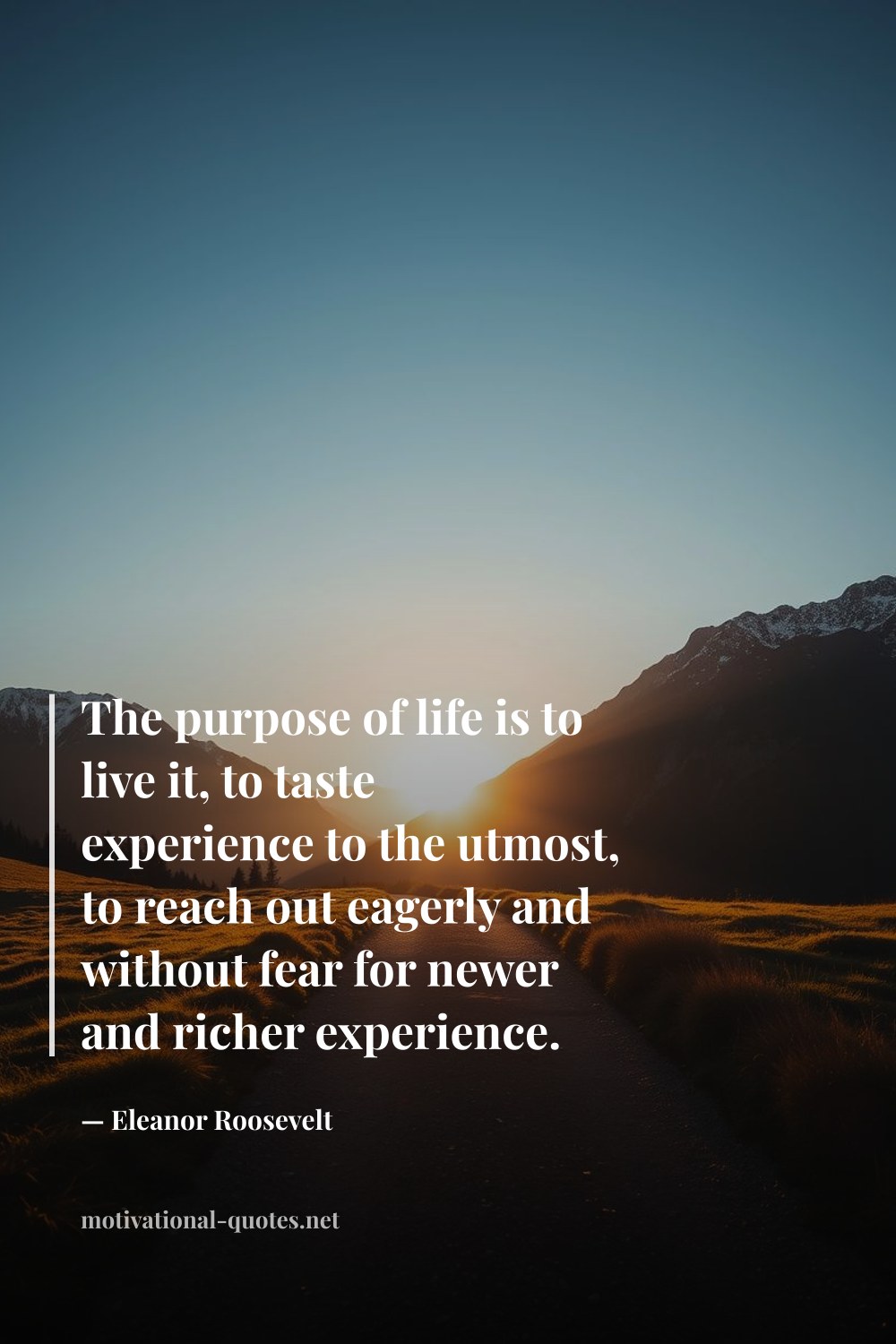 "The purpose of life is to live it, to taste experience to the utmost, to reach out eagerly and without fear for newer and richer experience." — Eleanor Roosevelt