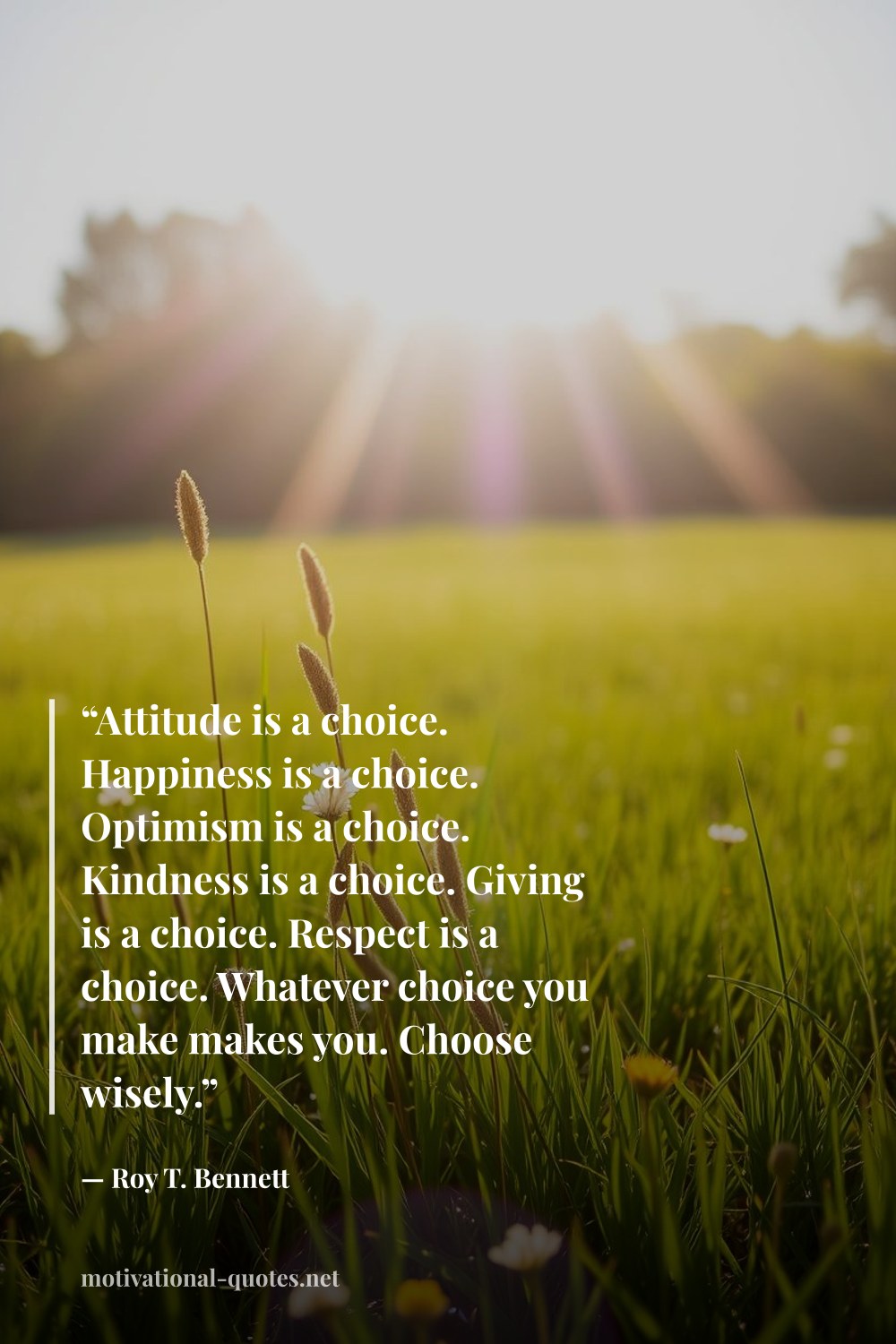 "“Attitude is a choice. Happiness is a choice. Optimism is a choice. Kindness is a choice. Giving is a choice. Respect is a choice. Whatever choice you make makes you. Choose wisely.”" — Roy T. Bennett
