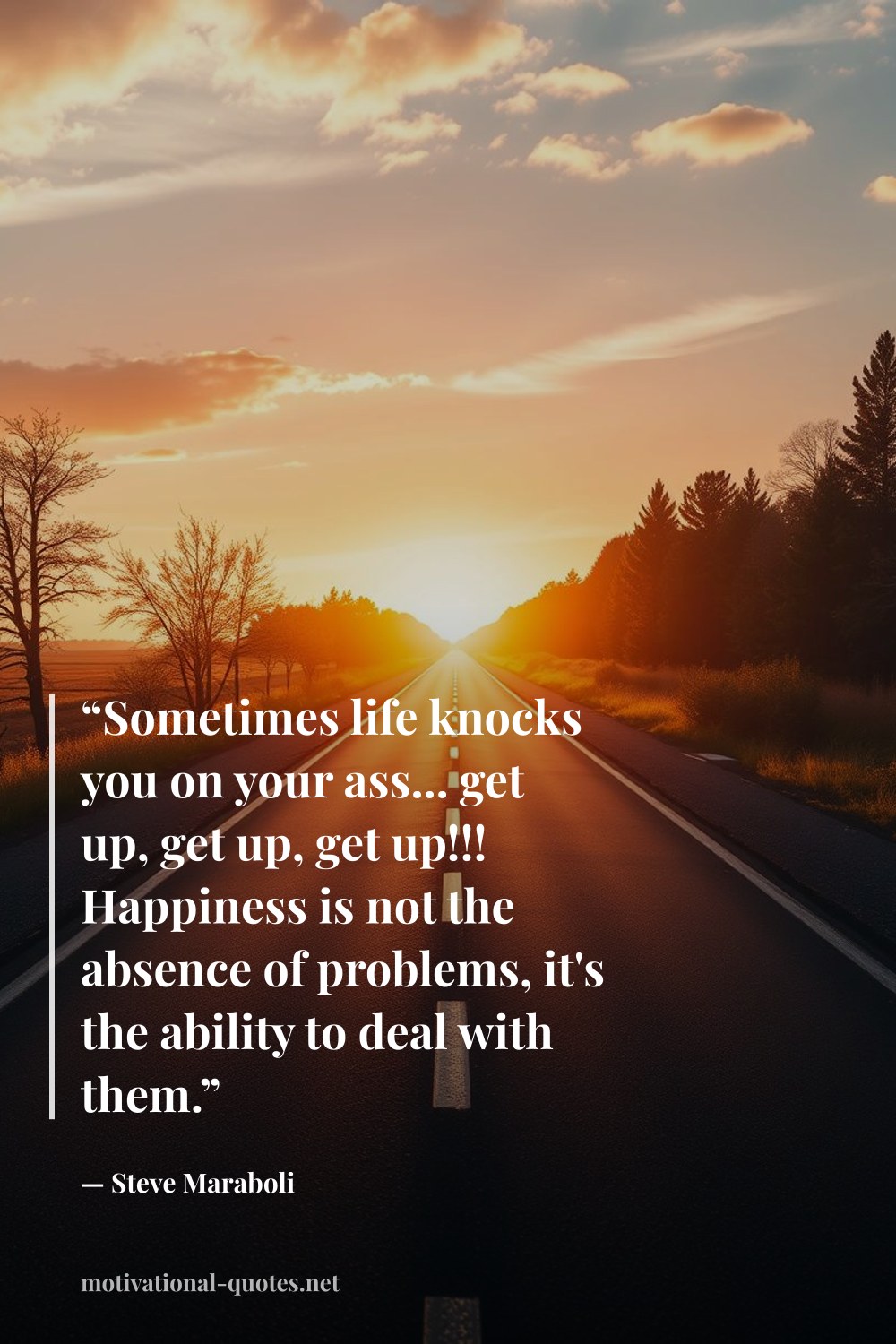 "“Sometimes life knocks you on your ass... get up, get up, get up!!! Happiness is not the absence of problems, it's the ability to deal with them.”" — Steve Maraboli