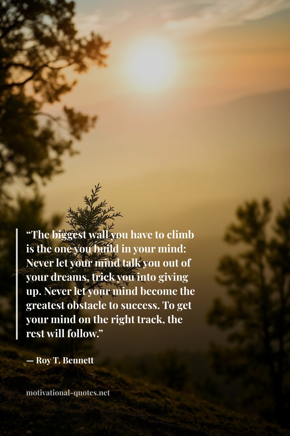 "“The biggest wall you have to climb is the one you build in your mind: Never let your mind talk you out of your dreams, trick you into giving up. Never let your mind become the greatest obstacle to success. To get your mind on the right track, the rest will follow.”" — Roy T. Bennett