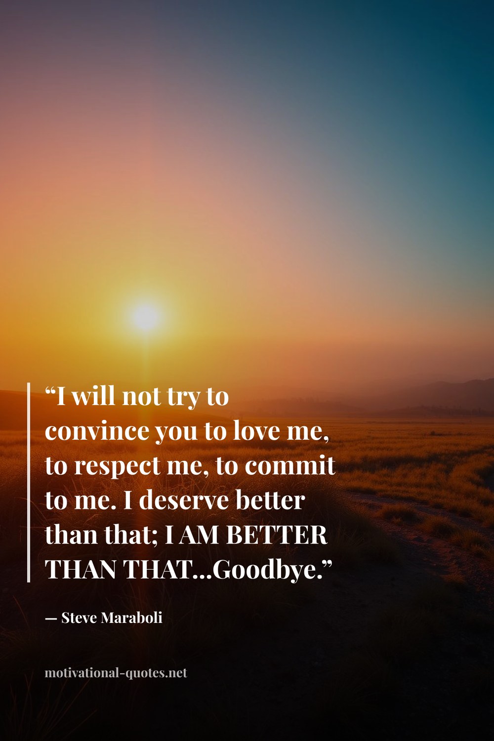 "“I will not try to convince you to love me, to respect me, to commit to me. I deserve better than that; I AM BETTER THAN THAT...Goodbye.”" — Steve Maraboli