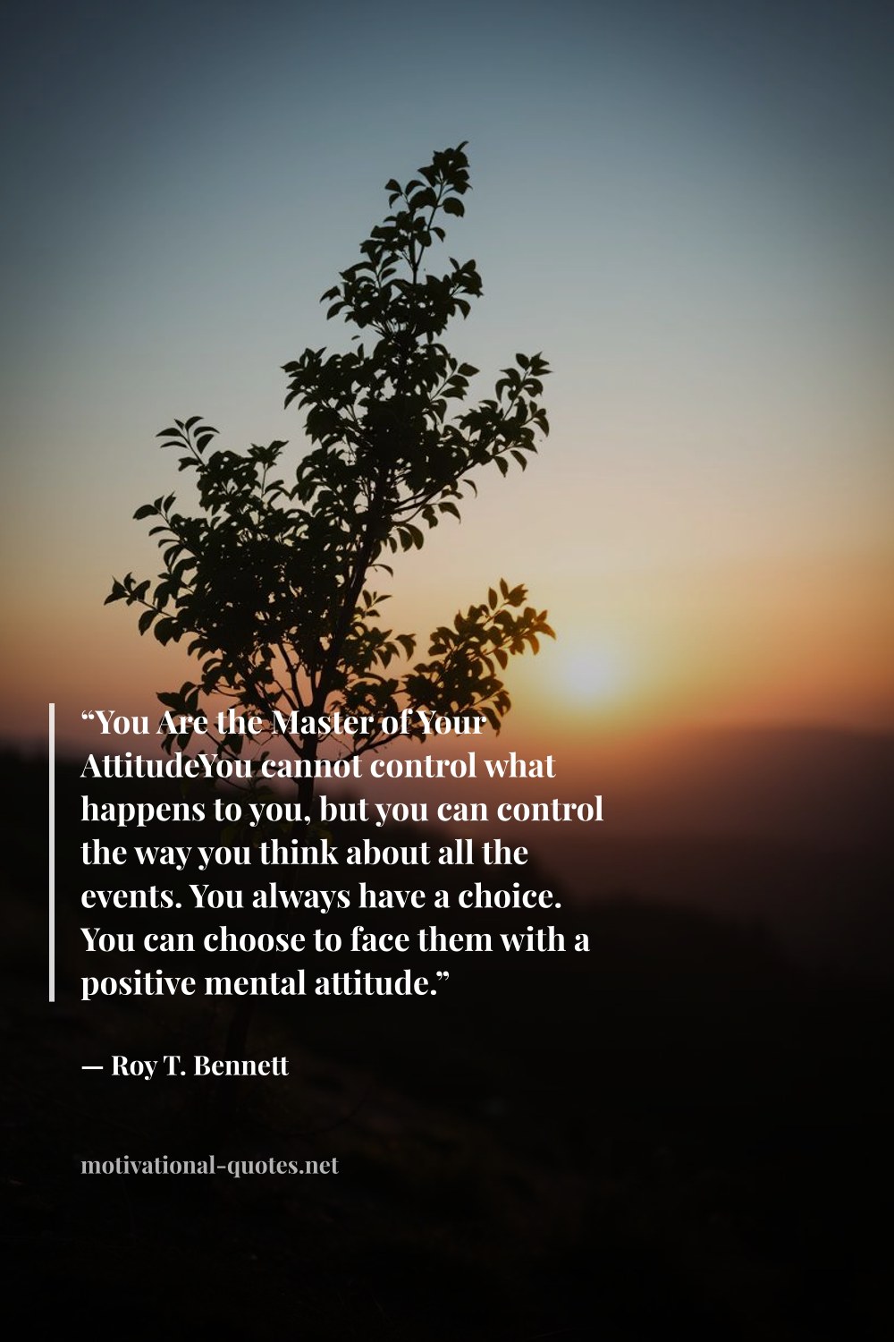"“You Are the Master of Your AttitudeYou cannot control what happens to you, but you can control the way you think about all the events. You always have a choice. You can choose to face them with a positive mental attitude.”" — Roy T. Bennett