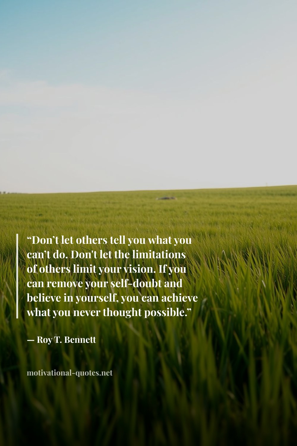 "“Don’t let others tell you what you can’t do. Don't let the limitations of others limit your vision. If you can remove your self-doubt and believe in yourself, you can achieve what you never thought possible.”" — Roy T. Bennett