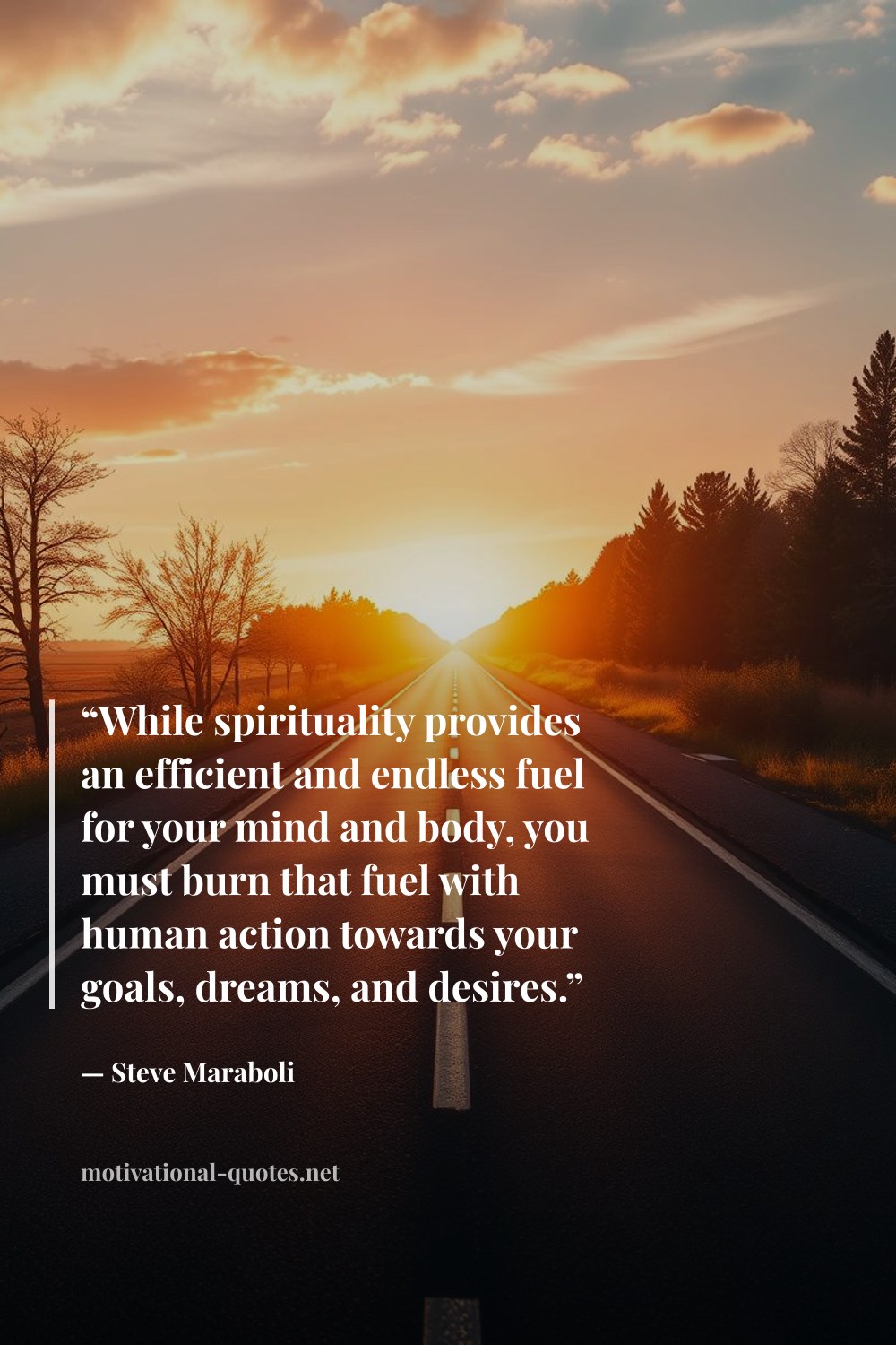 "“While spirituality provides an efficient and endless fuel for your mind and body, you must burn that fuel with human action towards your goals, dreams, and desires.”" — Steve Maraboli