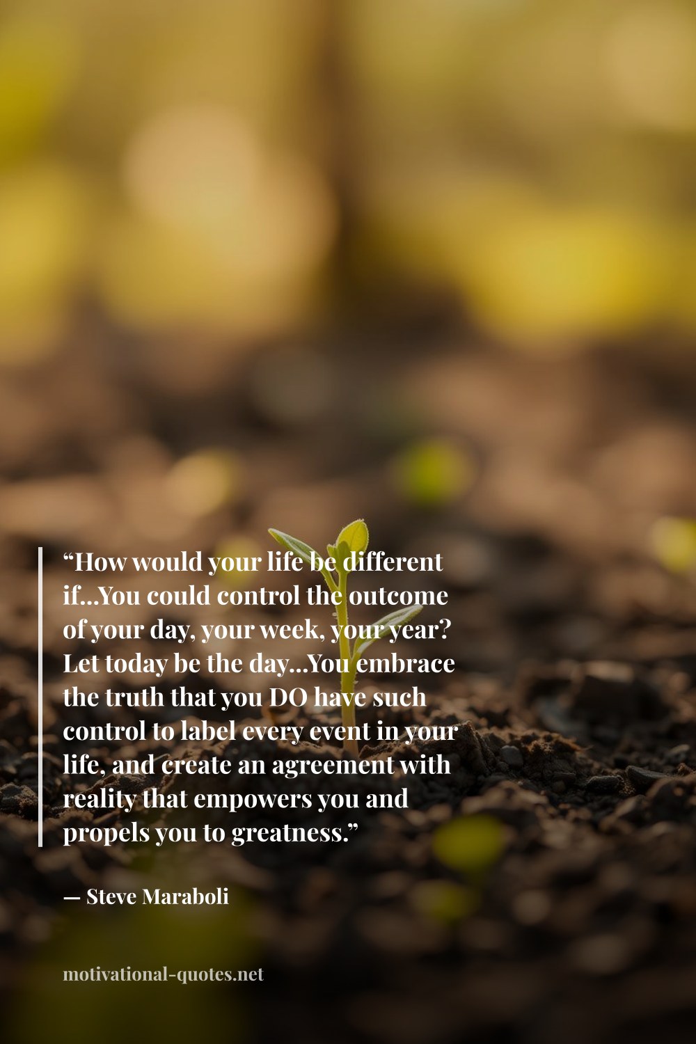 "“How would your life be different if...You could control the outcome of your day, your week, your year? Let today be the day...You embrace the truth that you DO have such control to label every event in your life, and create an agreement with reality that empowers you and propels you to greatness.”" — Steve Maraboli