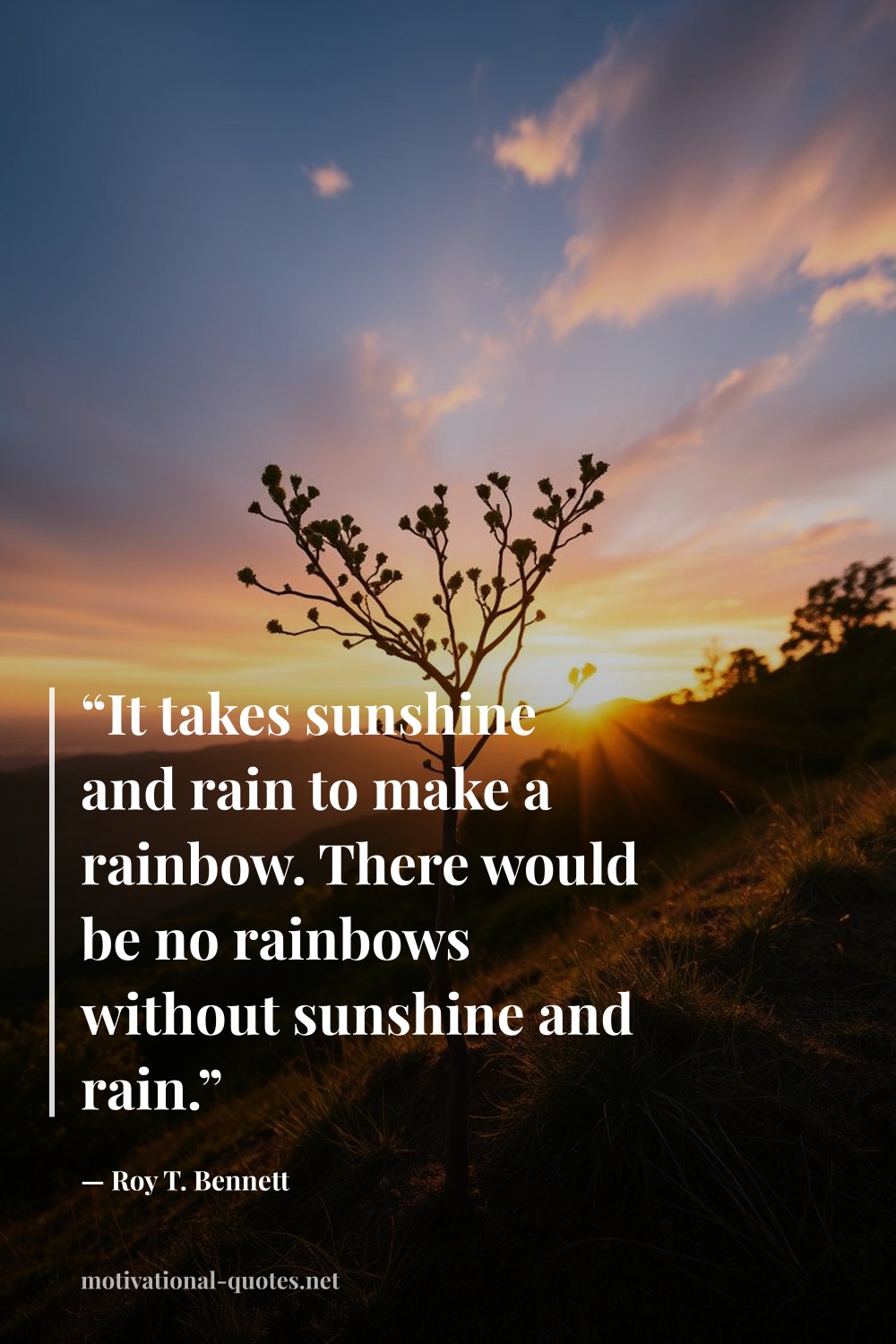 "“It takes sunshine and rain to make a rainbow. There would be no rainbows without sunshine and rain.”" — Roy T. Bennett