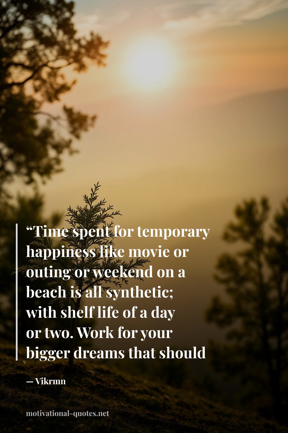 "“Time spent for temporary happiness like movie or outing or weekend on a beach is all synthetic; with shelf life of a day or two. Work for your bigger dreams that should last for whole life. Then movie and beach would seem more interesting, realising that you have done something.”" — Vikrmn
