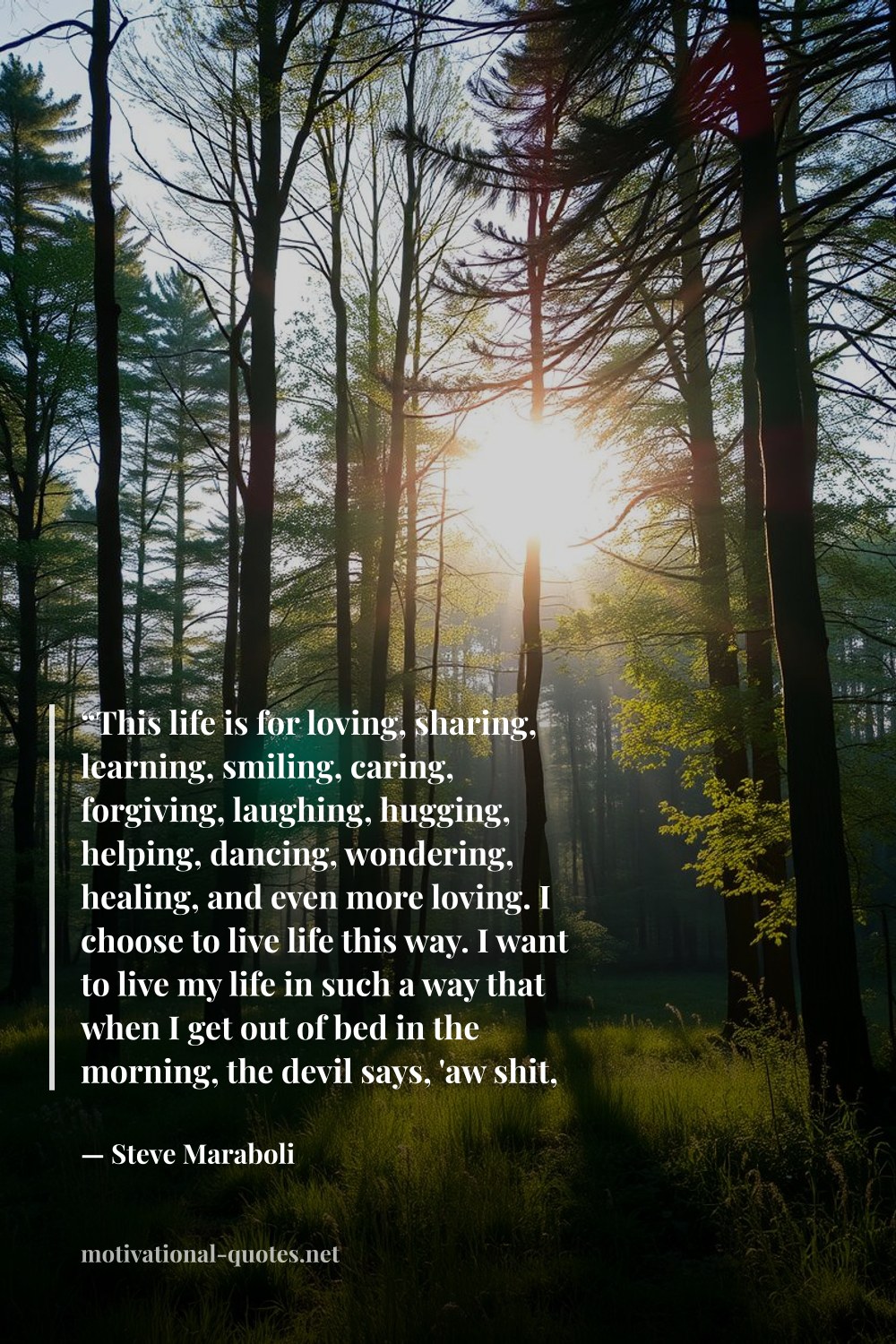 "“This life is for loving, sharing, learning, smiling, caring, forgiving, laughing, hugging, helping, dancing, wondering, healing, and even more loving. I choose to live life this way. I want to live my life in such a way that when I get out of bed in the morning, the devil says, 'aw shit, he's up!”" — Steve Maraboli