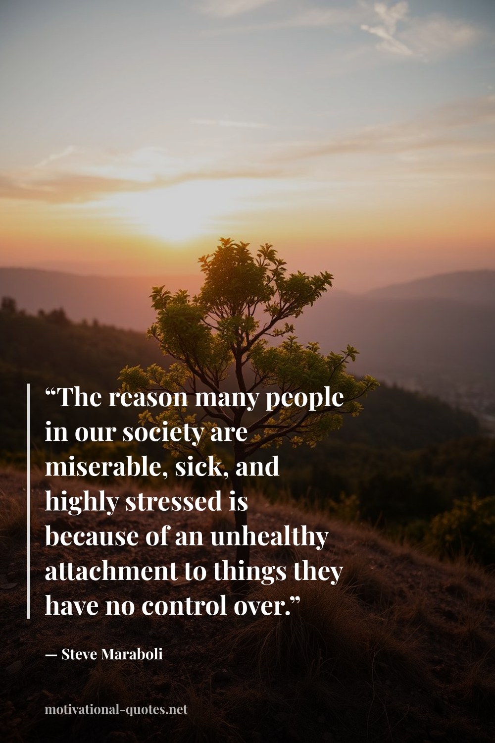 "“The reason many people in our society are miserable, sick, and highly stressed is because of an unhealthy attachment to things they have no control over.”" — Steve Maraboli
