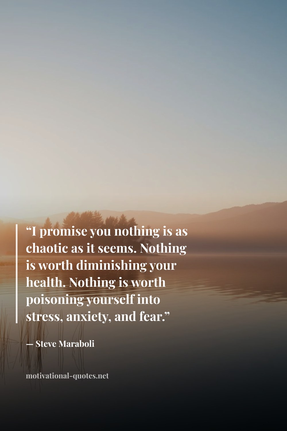 "“I promise you nothing is as chaotic as it seems. Nothing is worth diminishing your health. Nothing is worth poisoning yourself into stress, anxiety, and fear.”" — Steve Maraboli