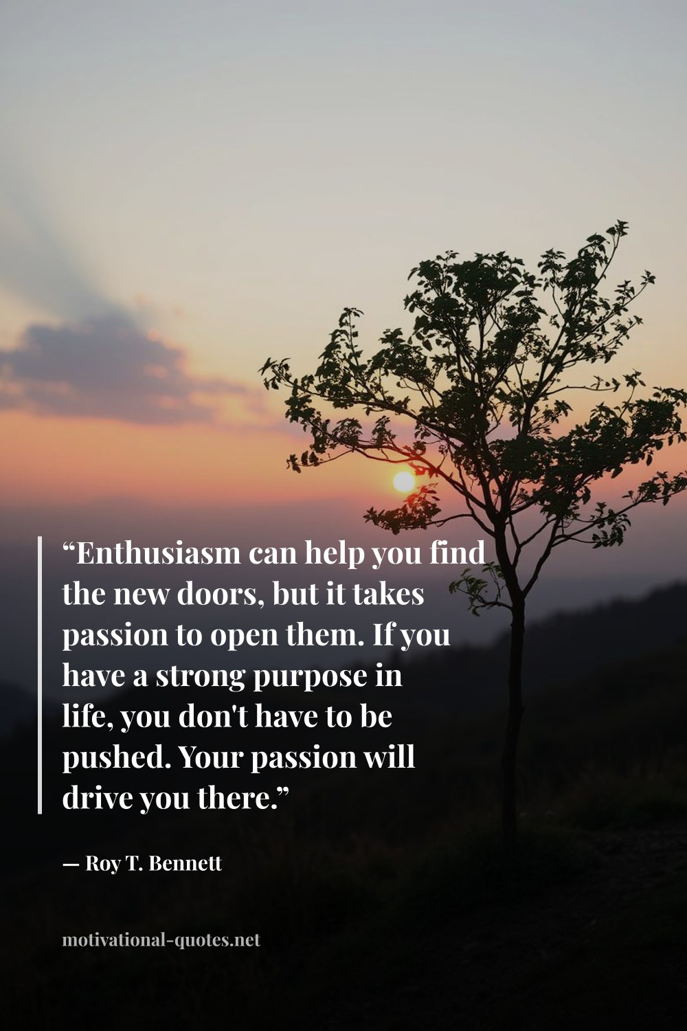 "“Enthusiasm can help you find the new doors, but it takes passion to open them. If you have a strong purpose in life, you don't have to be pushed. Your passion will drive you there.”" — Roy T. Bennett