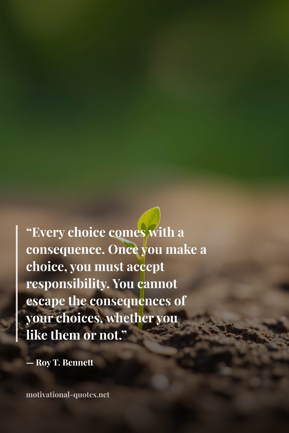 "“Every choice comes with a consequence. Once you make a choice, you must accept responsibility. You cannot escape the consequences of your choices, whether you like them or not.”" — Roy T. Bennett