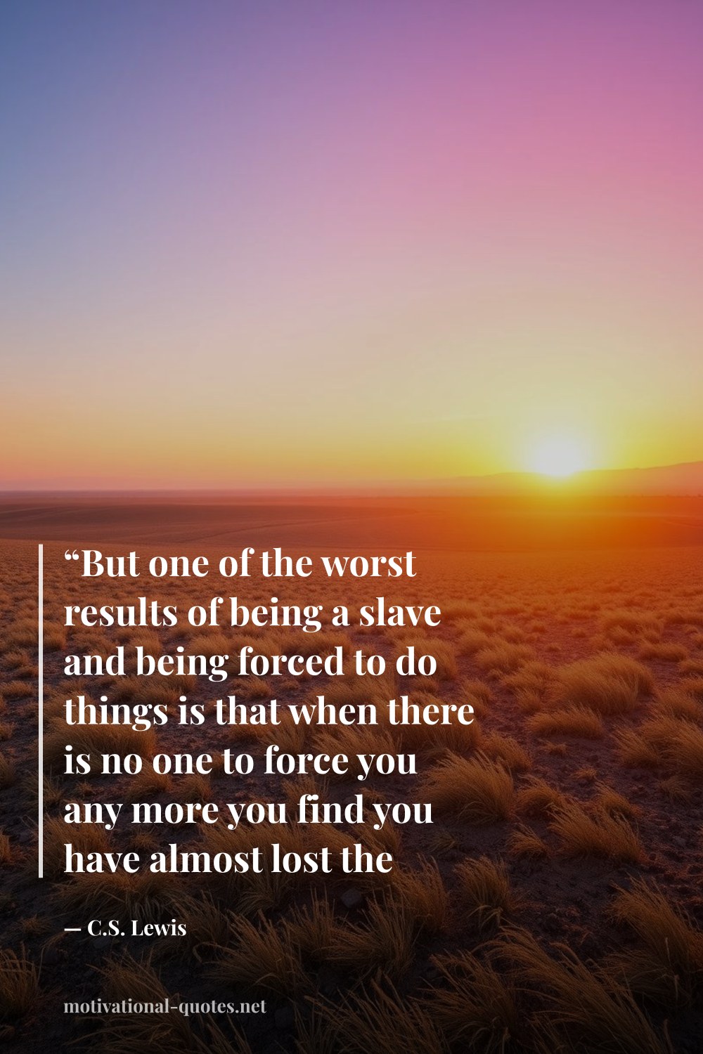 "“But one of the worst results of being a slave and being forced to do things is that when there is no one to force you any more you find you have almost lost the power of forcing yourself.”" — C.S. Lewis