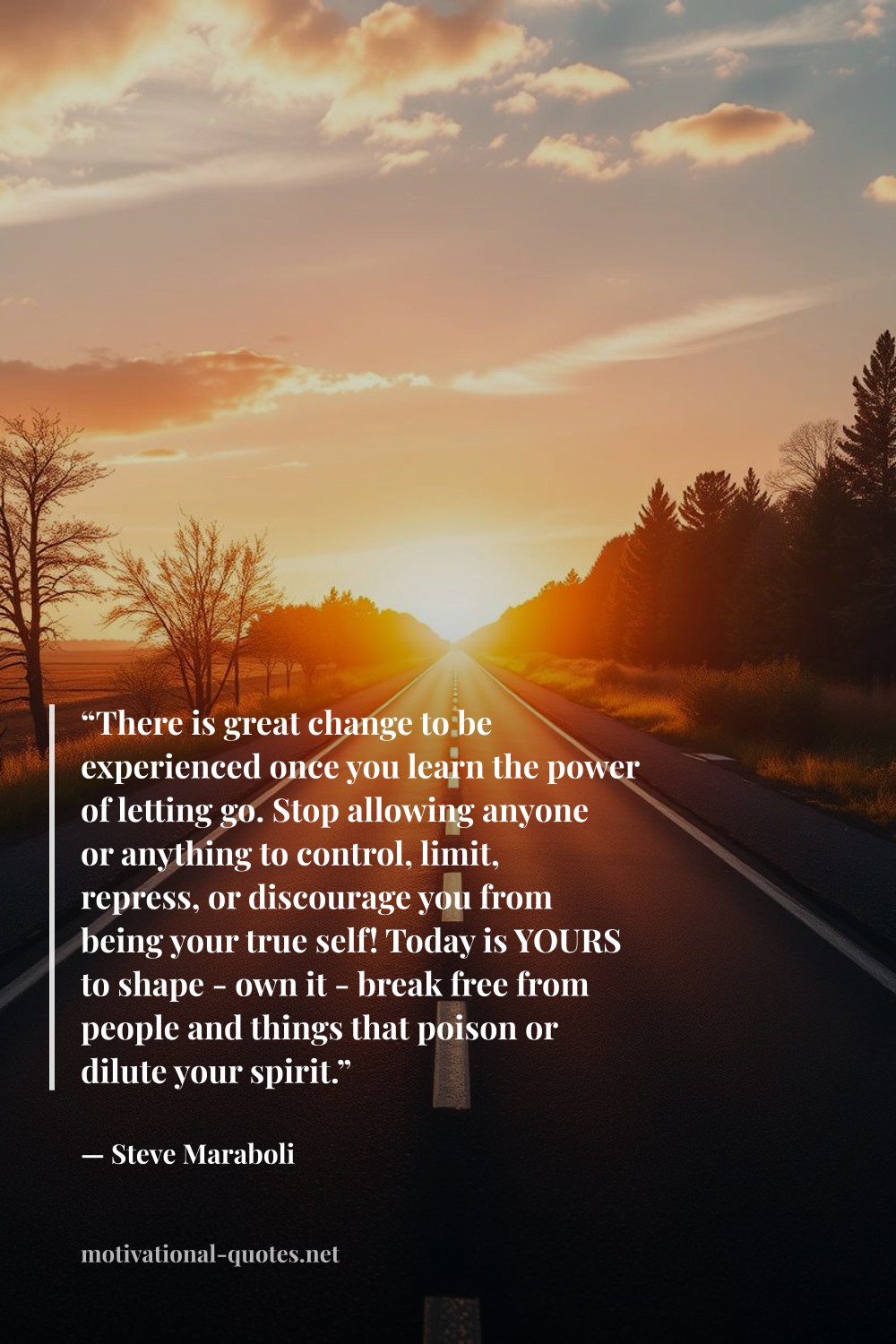 "“There is great change to be experienced once you learn the power of letting go. Stop allowing anyone or anything to control, limit, repress, or discourage you from being your true self! Today is YOURS to shape - own it - break free from people and things that poison or dilute your spirit.”" — Steve Maraboli