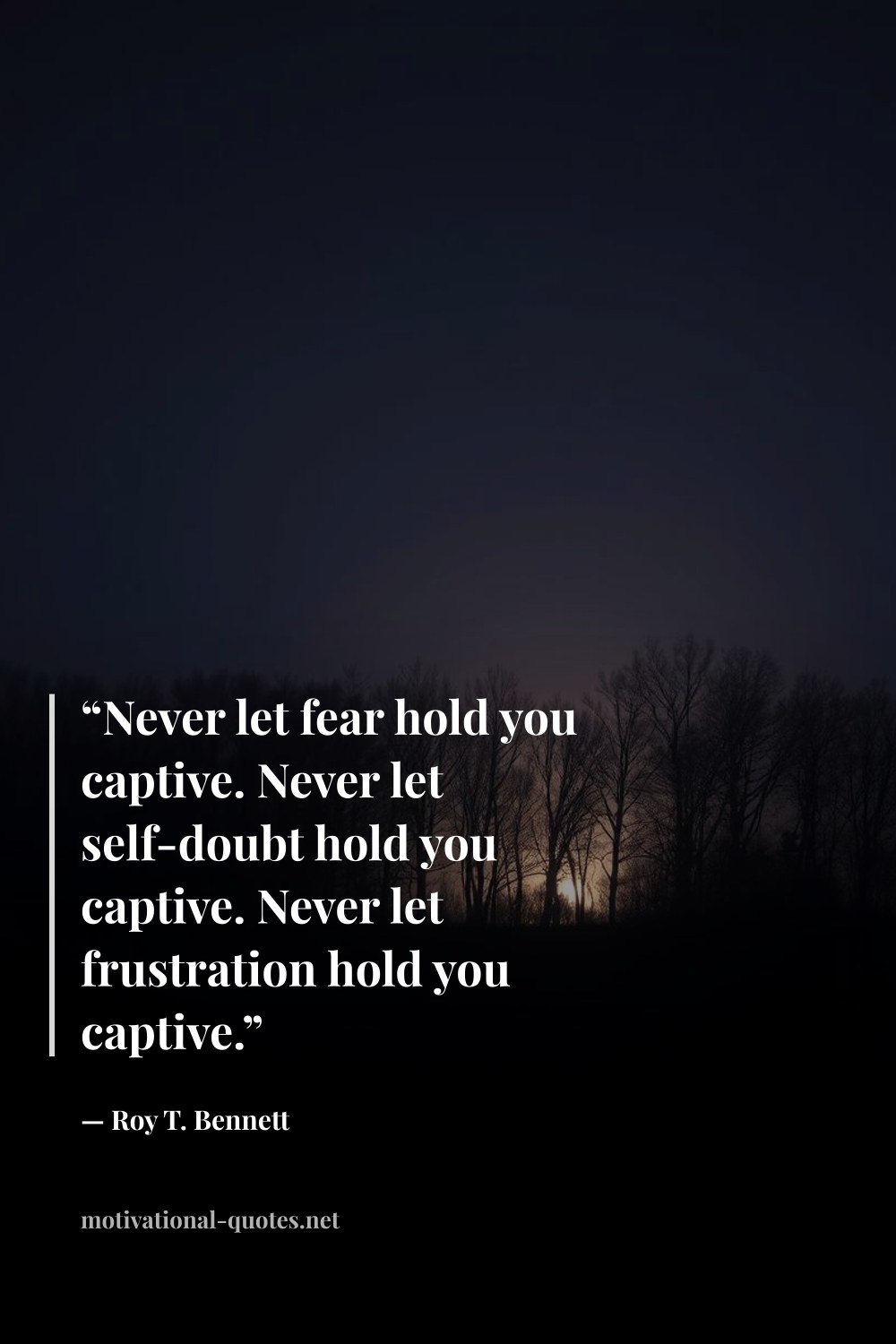 "“Never let fear hold you captive. Never let self-doubt hold you captive. Never let frustration hold you captive.”" — Roy T. Bennett