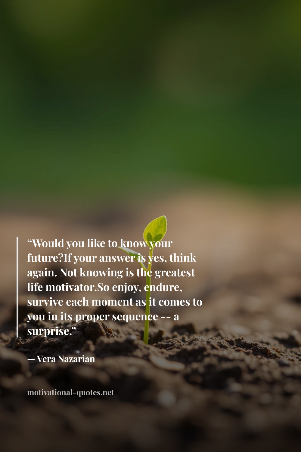 "“Would you like to know your future?If your answer is yes, think again. Not knowing is the greatest life motivator.So enjoy, endure, survive each moment as it comes to you in its proper sequence -- a surprise.”" — Vera Nazarian