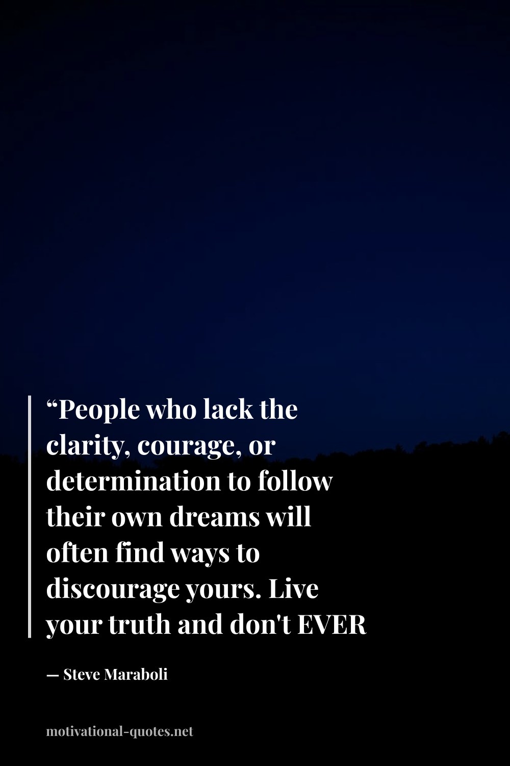 "“People who lack the clarity, courage, or determination to follow their own dreams will often find ways to discourage yours. Live your truth and don't EVER stop!”" — Steve Maraboli