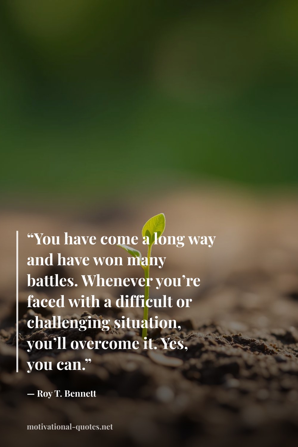 "“You have come a long way and have won many battles. Whenever you’re faced with a difficult or challenging situation, you’ll overcome it. Yes, you can.”" — Roy T. Bennett