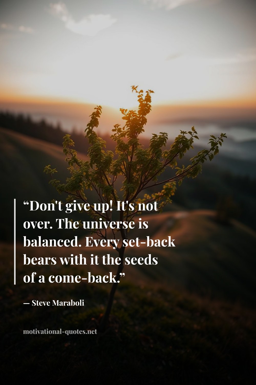 "“Don't give up! It's not over. The universe is balanced. Every set-back bears with it the seeds of a come-back.”" — Steve Maraboli