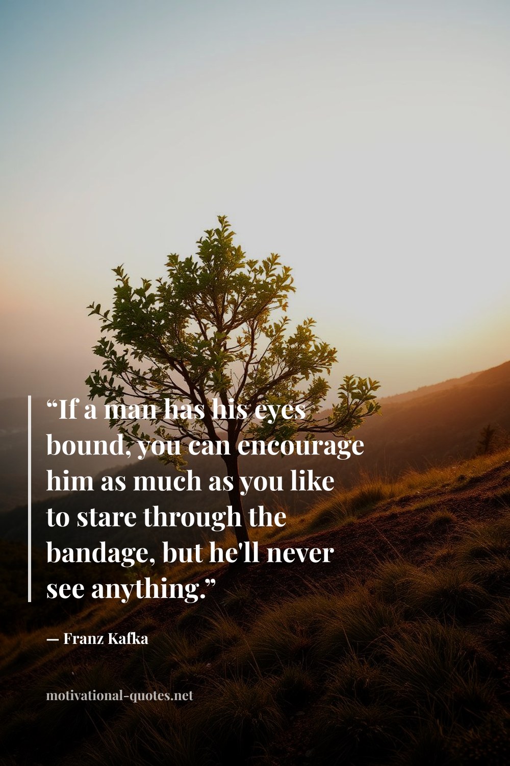 "“If a man has his eyes bound, you can encourage him as much as you like to stare through the bandage, but he'll never see anything.”" — Franz Kafka