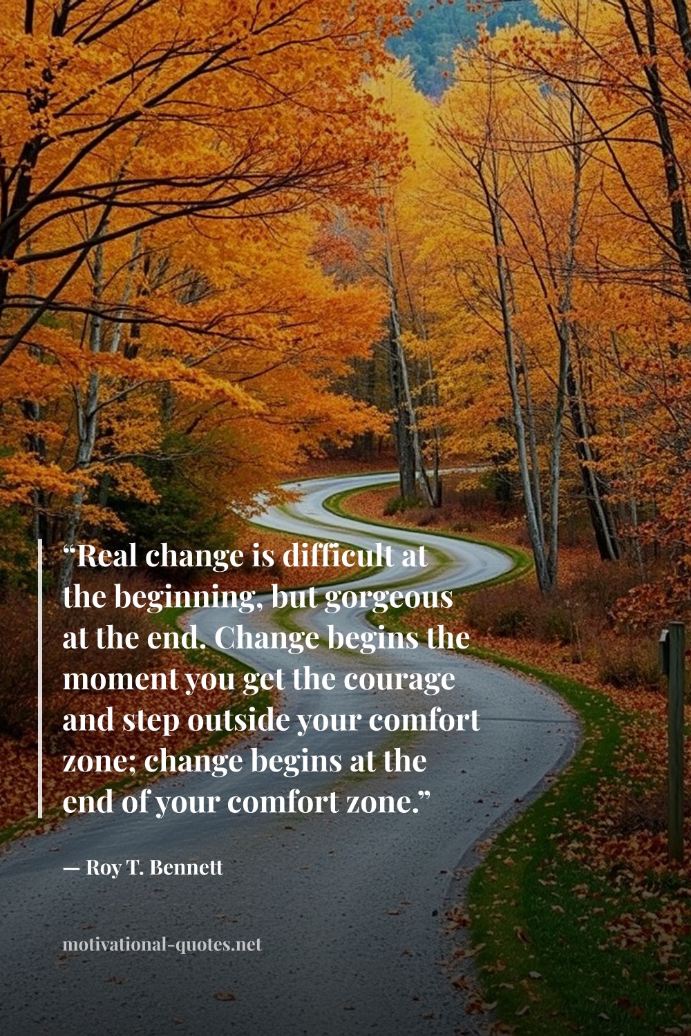 "“Real change is difficult at the beginning, but gorgeous at the end. Change begins the moment you get the courage and step outside your comfort zone; change begins at the end of your comfort zone.”" — Roy T. Bennett