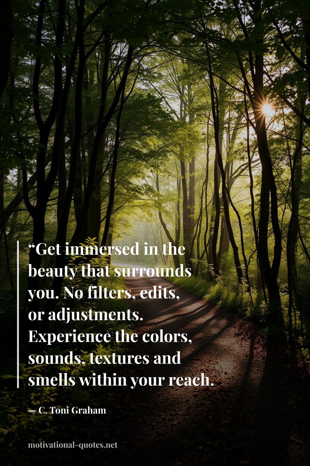 "“Get immersed in the beauty that surrounds you. No filters, edits, or adjustments. Experience the colors, sounds, textures and smells within your reach. Live.”" — C. Toni Graham