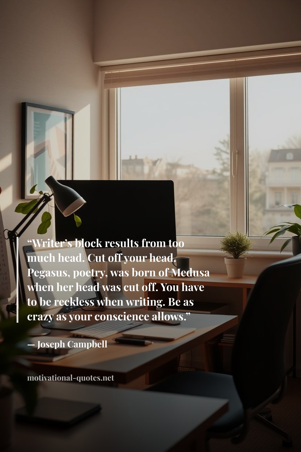 "“Writer’s block results from too much head. Cut off your head. Pegasus, poetry, was born of Medusa when her head was cut off. You have to be reckless when writing. Be as crazy as your conscience allows.”" — Joseph Campbell