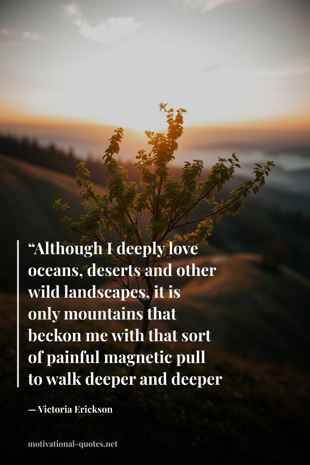 "“Although I deeply love oceans, deserts and other wild landscapes, it is only mountains that beckon me with that sort of painful magnetic pull to walk deeper and deeper into their beauty. They keep me continuously wanting to know more, feel more, see more.”" — Victoria Erickson