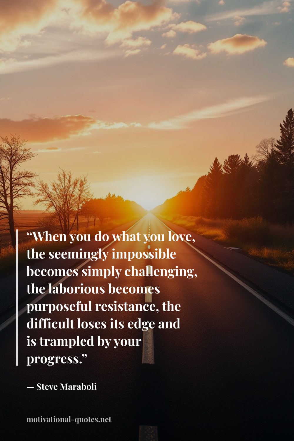 "“When you do what you love, the seemingly impossible becomes simply challenging, the laborious becomes purposeful resistance, the difficult loses its edge and is trampled by your progress.”" — Steve Maraboli