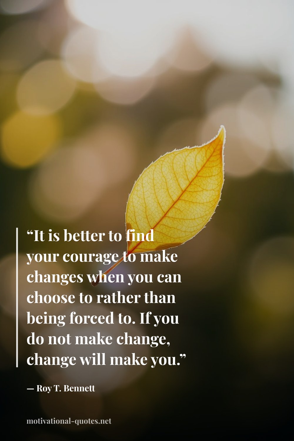 "“It is better to find your courage to make changes when you can choose to rather than being forced to. If you do not make change, change will make you.”" — Roy T. Bennett