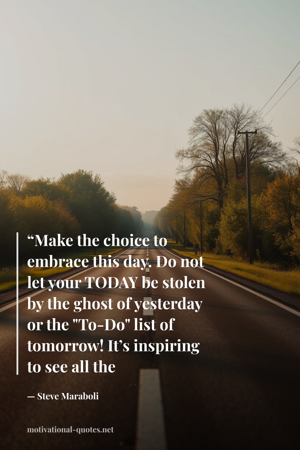 "“Make the choice to embrace this day. Do not let your TODAY be stolen by the ghost of yesterday or the "To-Do" list of tomorrow! It’s inspiring to see all the wonderfully amazing things that can happen in a day in which you participate.”" — Steve Maraboli