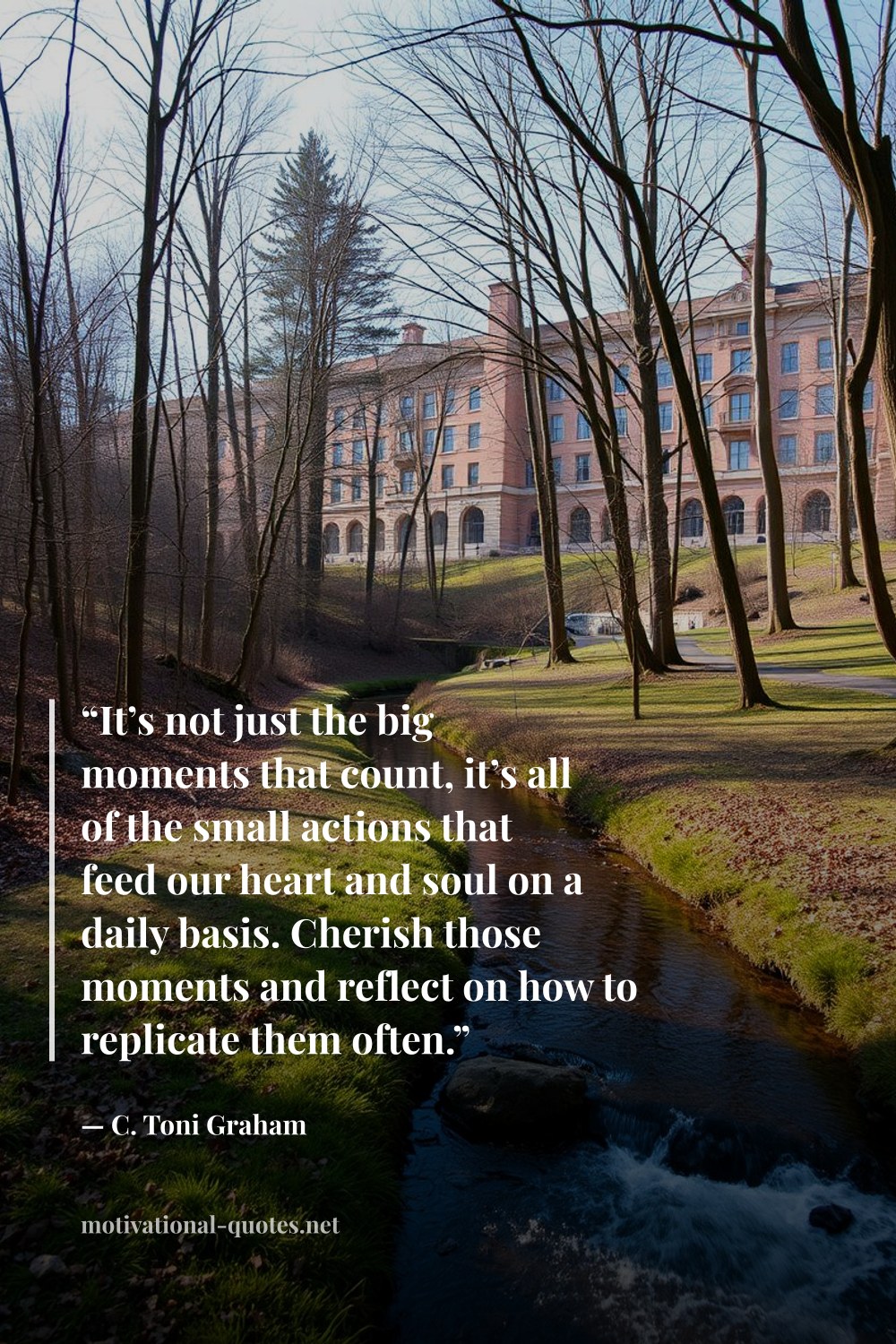 "“It’s not just the big moments that count, it’s all of the small actions that feed our heart and soul on a daily basis. Cherish those moments and reflect on how to replicate them often.”" — C. Toni Graham