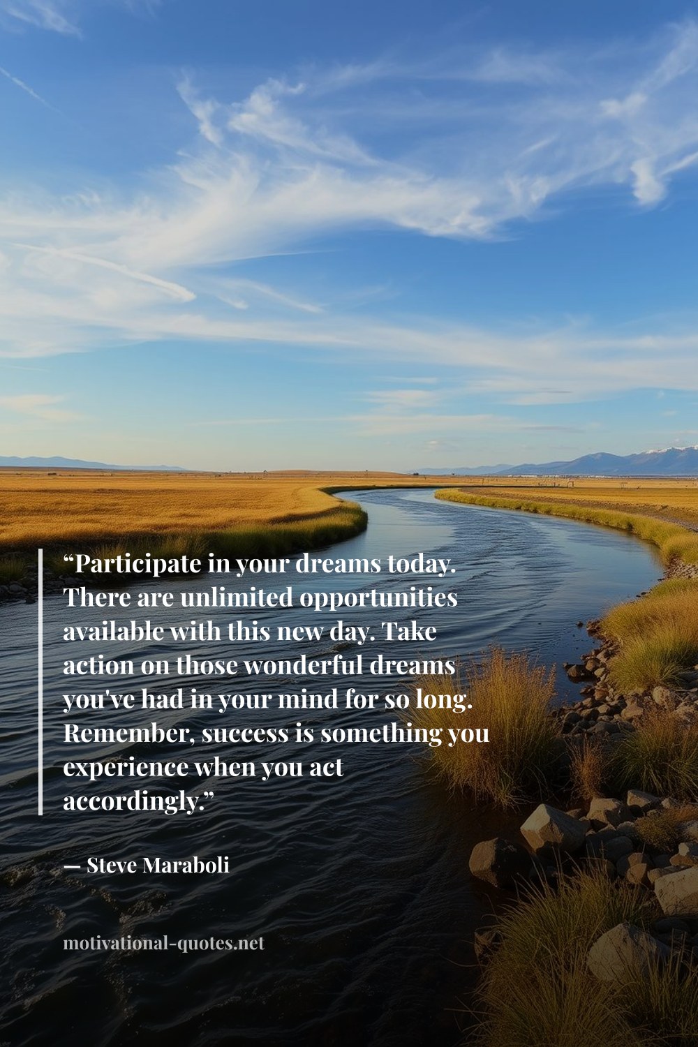 "“Participate in your dreams today. There are unlimited opportunities available with this new day. Take action on those wonderful dreams you've had in your mind for so long. Remember, success is something you experience when you act accordingly.”" — Steve Maraboli