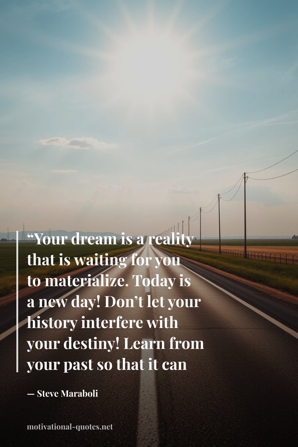 "“Your dream is a reality that is waiting for you to materialize. Today is a new day! Don’t let your history interfere with your destiny! Learn from your past so that it can empower your present and propel you to greatness”" — Steve Maraboli