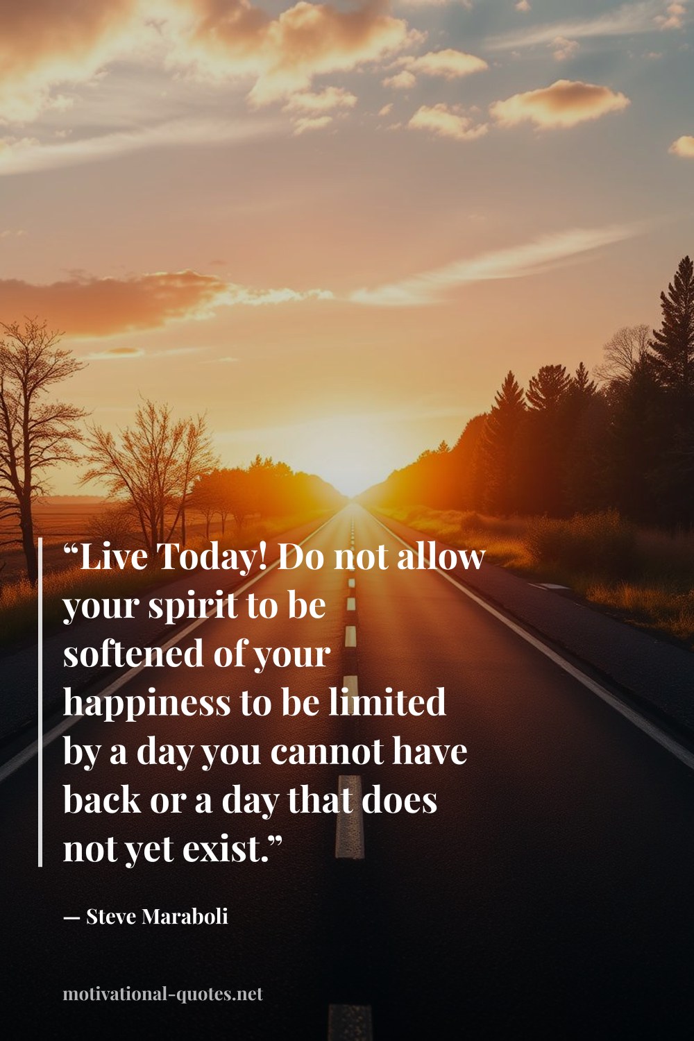"“Live Today! Do not allow your spirit to be softened of your happiness to be limited by a day you cannot have back or a day that does not yet exist.”" — Steve Maraboli