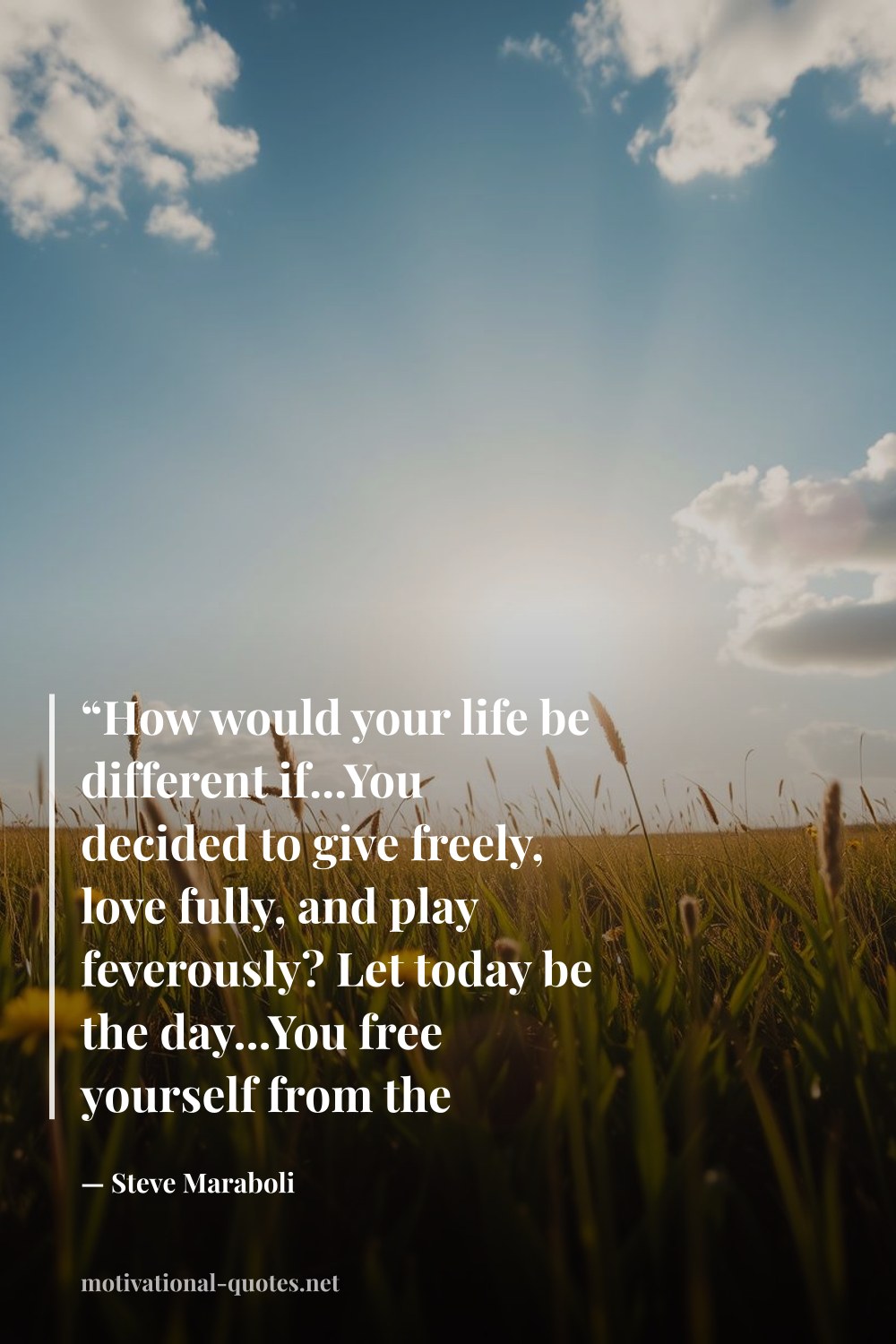 "“How would your life be different if...You decided to give freely, love fully, and play feverously? Let today be the day...You free yourself from the conditioned rules that limit your happiness and dilute the beautiful life experience. Have fun. Give - Love - Play!”" — Steve Maraboli