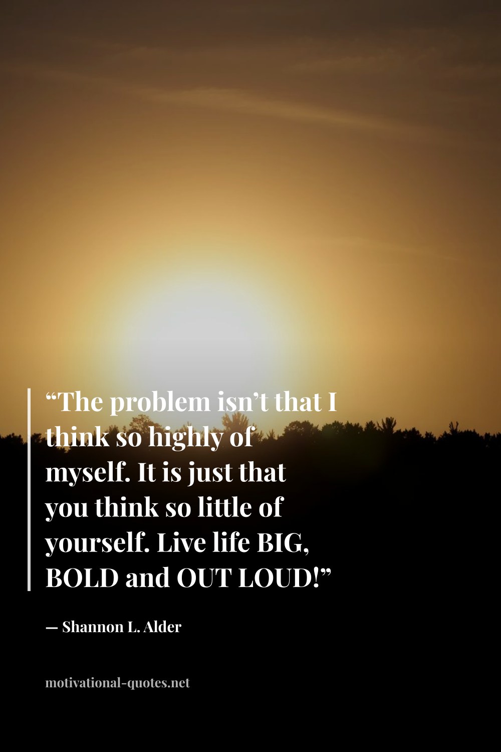 "“The problem isn’t that I think so highly of myself. It is just that you think so little of yourself. Live life BIG, BOLD and OUT LOUD!”" — Shannon L. Alder