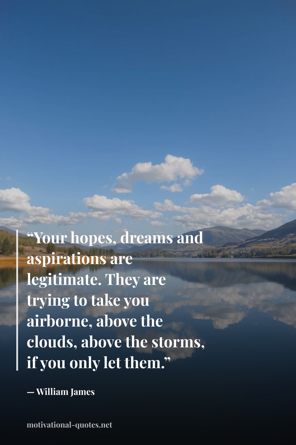 "“Your hopes, dreams and aspirations are legitimate. They are trying to take you airborne, above the clouds, above the storms, if you only let them.”" — William James