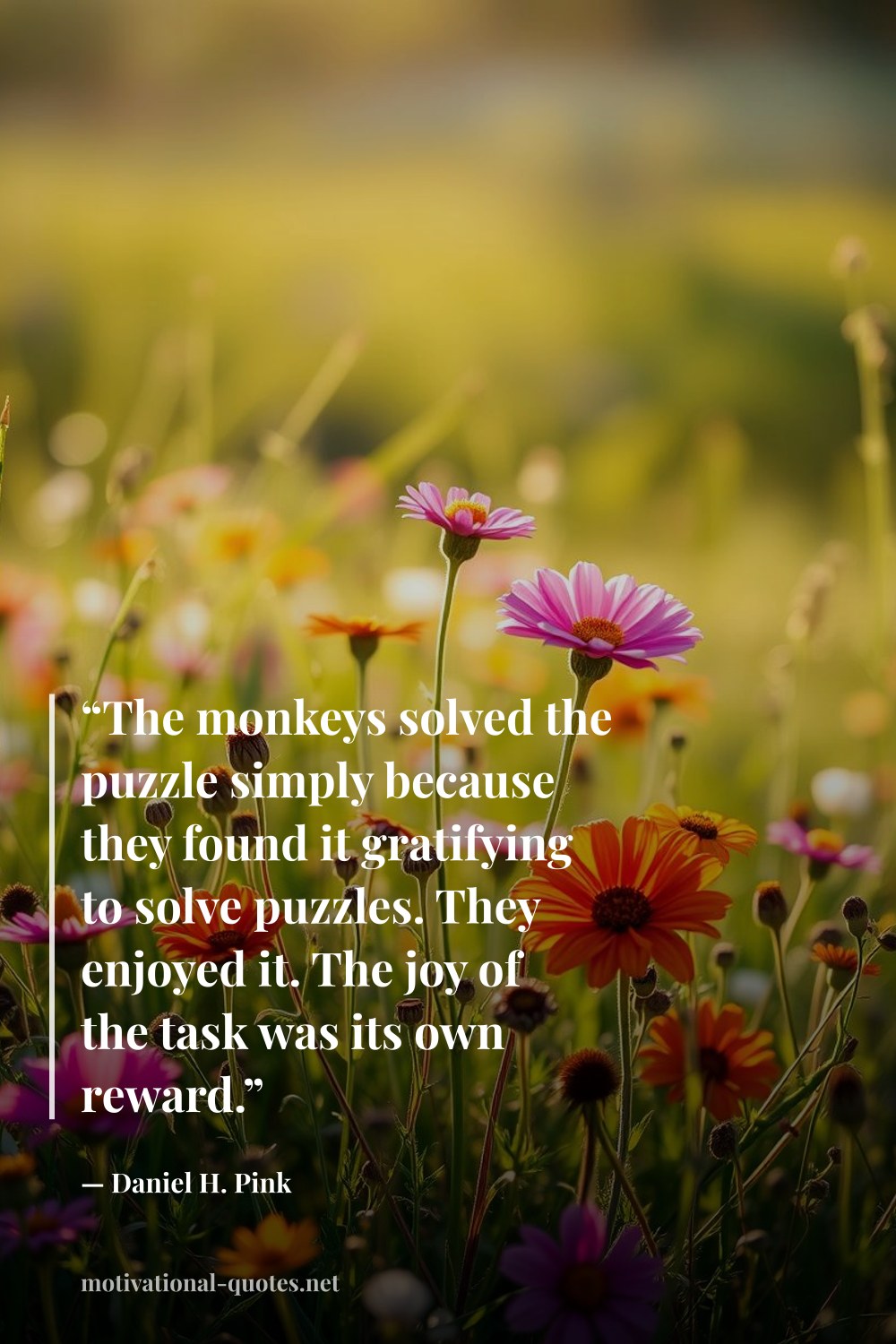 "“The monkeys solved the puzzle simply because they found it gratifying to solve puzzles. They enjoyed it. The joy of the task was its own reward.”" — Daniel H. Pink