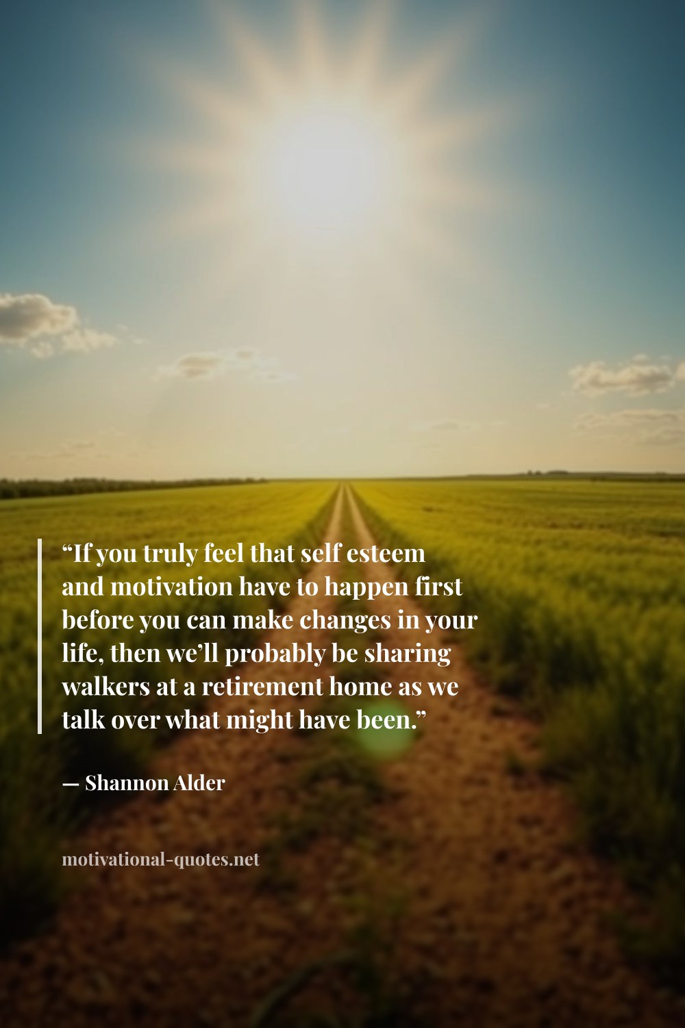 "“If you truly feel that self esteem and motivation have to happen first before you can make changes in your life, then we’ll probably be sharing walkers at a retirement home as we talk over what might have been.”" — Shannon Alder