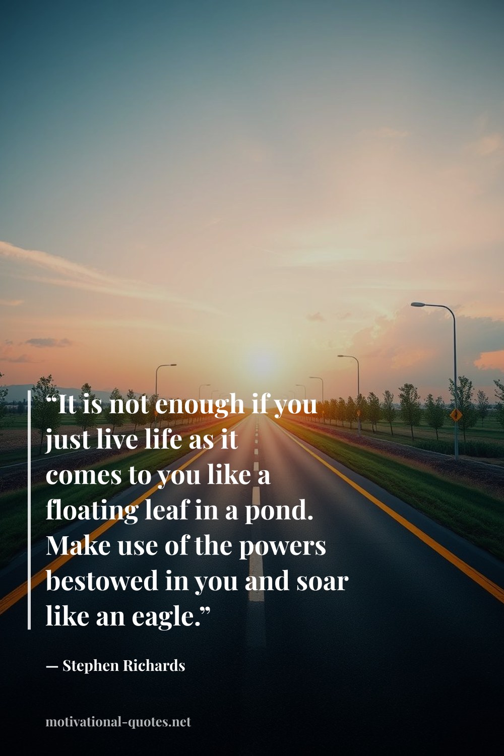 "“It is not enough if you just live life as it comes to you like a floating leaf in a pond. Make use of the powers bestowed in you and soar like an eagle.”" — Stephen Richards