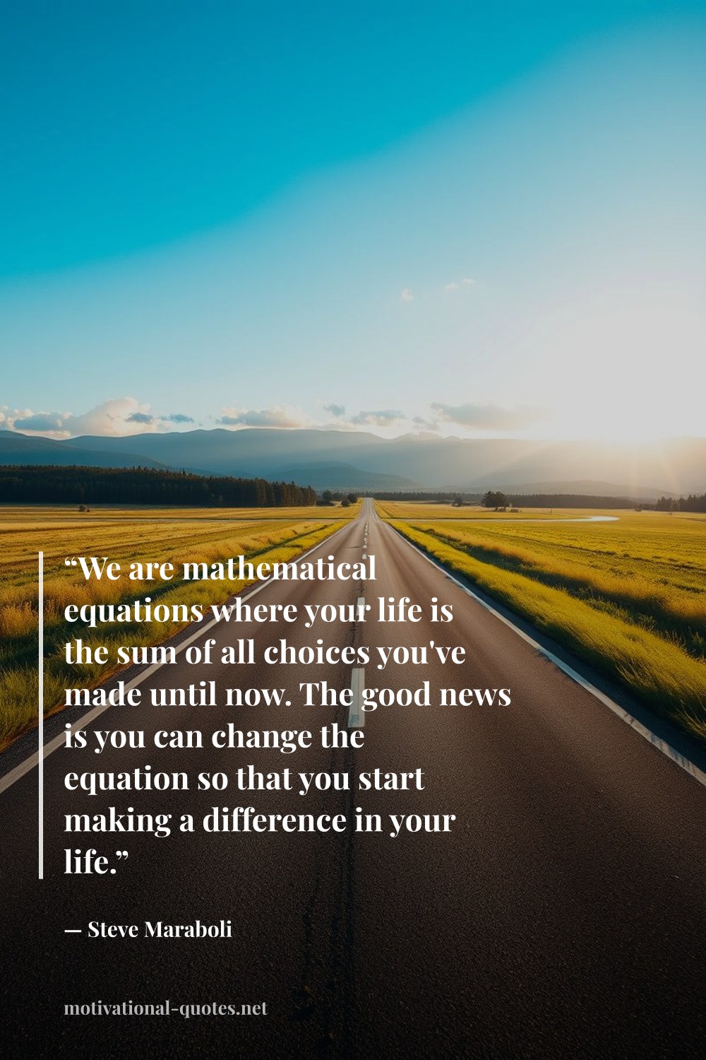 "“We are mathematical equations where your life is the sum of all choices you've made until now. The good news is you can change the equation so that you start making a difference in your life.”" — Steve Maraboli