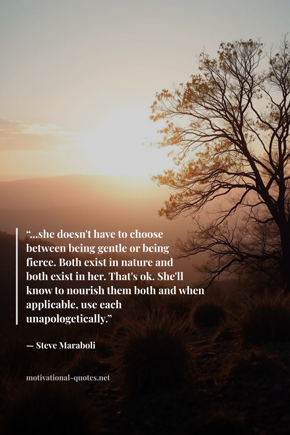 "“...she doesn't have to choose between being gentle or being fierce. Both exist in nature and both exist in her. That's ok. She'll know to nourish them both and when applicable, use each unapologetically.”" — Steve Maraboli