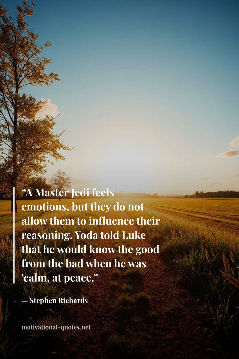 "“A Master Jedi feels emotions, but they do not allow them to influence their reasoning. Yoda told Luke that he would know the good from the bad when he was 'calm, at peace.”" — Stephen Richards