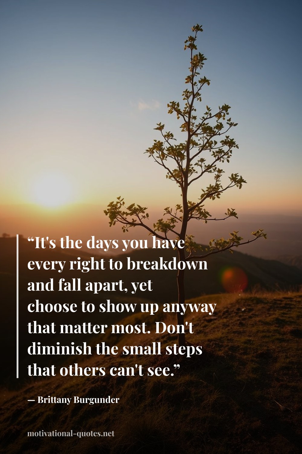 "“It's the days you have every right to breakdown and fall apart, yet choose to show up anyway that matter most. Don't diminish the small steps that others can't see.”" — Brittany Burgunder