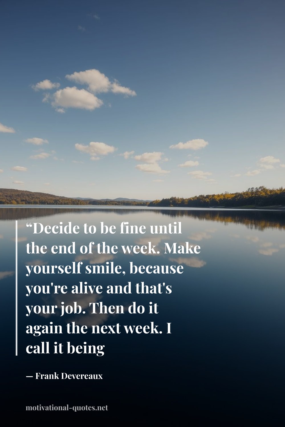 "“Decide to be fine until the end of the week. Make yourself smile, because you're alive and that's your job. Then do it again the next week. I call it being professional. Do it right, with a smile, or don't do it.”" — Frank Devereaux