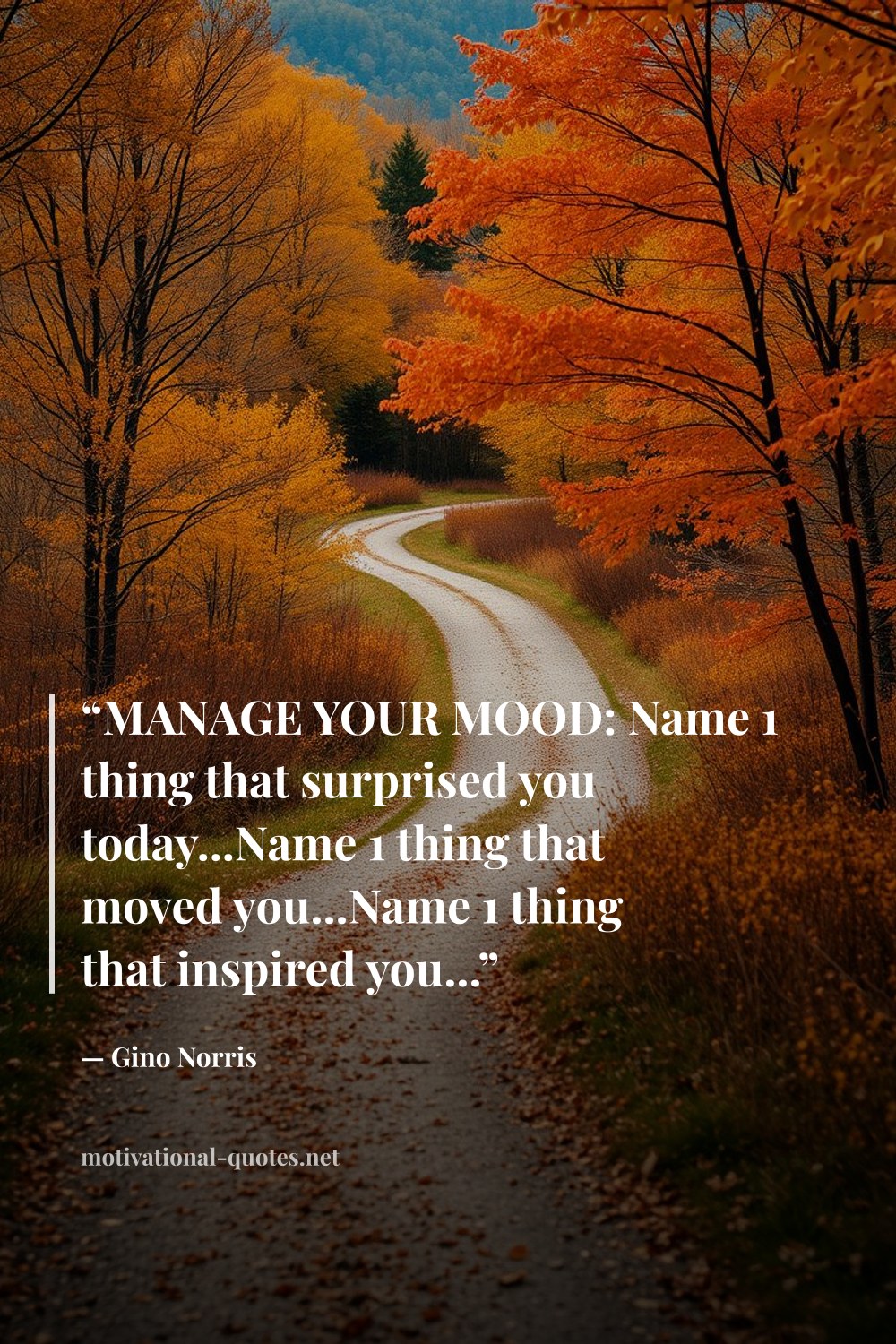 "“MANAGE YOUR MOOD: Name 1 thing that surprised you today...Name 1 thing that moved you...Name 1 thing that inspired you...”" — Gino Norris