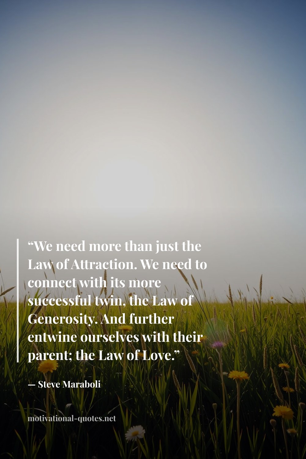"“We need more than just the Law of Attraction. We need to connect with its more successful twin, the Law of Generosity. And further entwine ourselves with their parent; the Law of Love.”" — Steve Maraboli