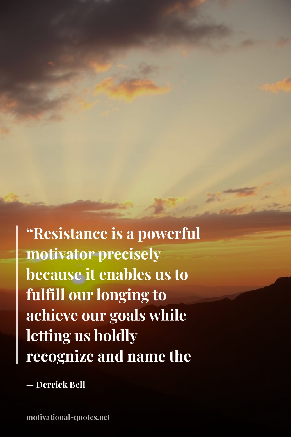 "“Resistance is a powerful motivator precisely because it enables us to fulfill our longing to achieve our goals while letting us boldly recognize and name the obstacles to those achievements.”" — Derrick Bell