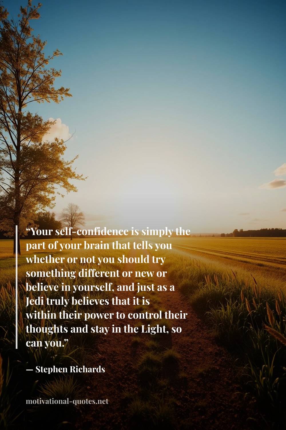 "“Your self-confidence is simply the part of your brain that tells you whether or not you should try something different or new or believe in yourself, and just as a Jedi truly believes that it is within their power to control their thoughts and stay in the Light, so can you.”" — Stephen Richards